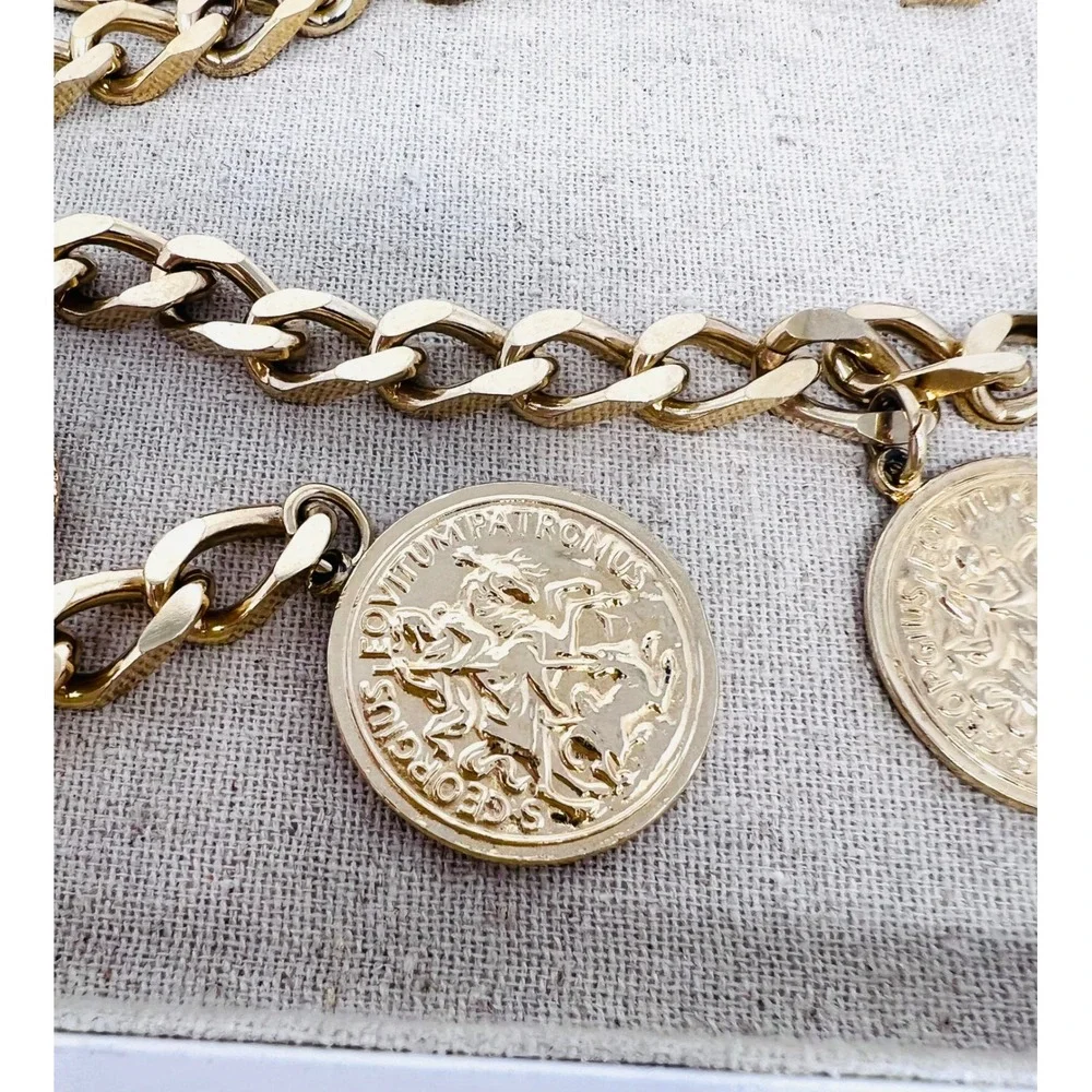 Vintage Gold Tone Curb Chain Coin Belt Statement Medallion Charms Adjustable